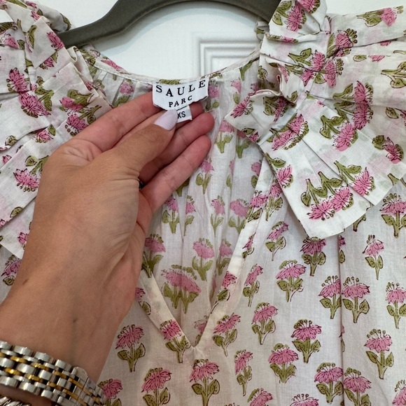 K1. Saule Parc Block Print Pink Ruffle Collar Floral Cotton Top - Picture 4 of 7